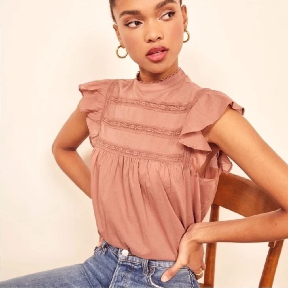 Reformation Dahlia Top Flutter Sleeve Lace Detail Praline XS EUC - Picture 7 of 7